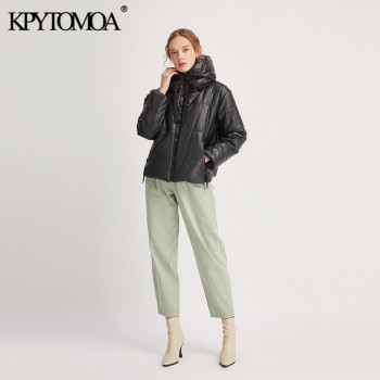 Vintage Warm Winter Faux Leather Jacket Padded Coat Women 2020 Fashion Long Sleeve Zip Pockets Drawstring PU Outerwear Chic Tops